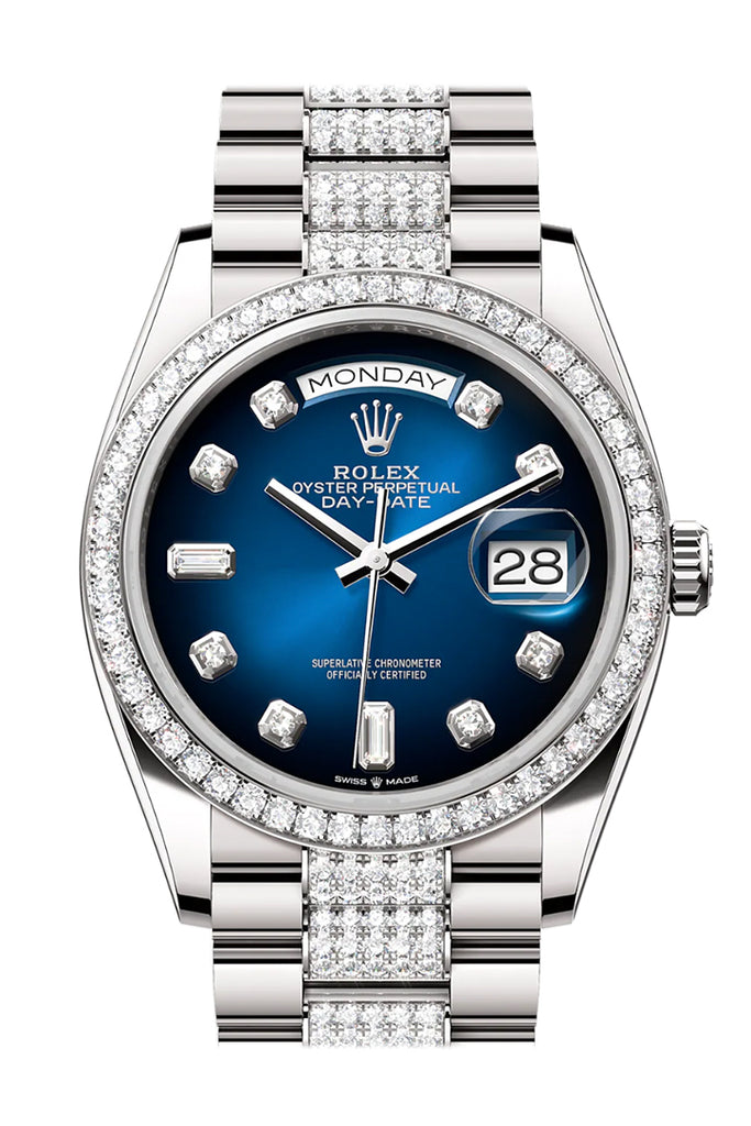 Rolex Day-Date 36 Blue ombré Diamond Dial Diamond Bezel White Gold Diamond President Watch 128349RBR