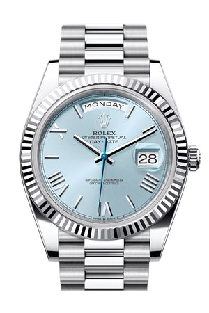 Rolex Day-Date 40 Ice-Blue Roman Dial Dial Fluted Bezel Platinum President Men's Watch 228236