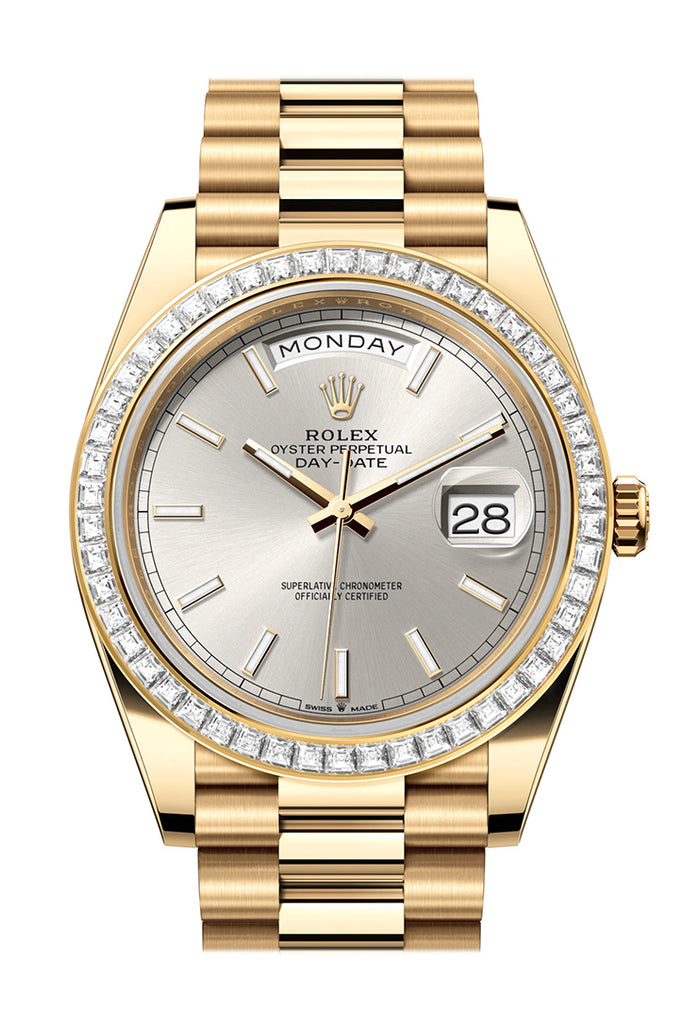 Rolex Day-Date 40 Silver Dial Baguette Diamond Bezel 18K Yellow Gold President Men's Watch 228398TBR