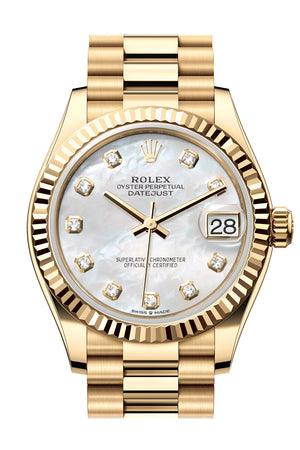 Rolex Datejust 31 Mother Of Pearl Diamond Dial Fluted Bezel Yellow Gold Ladies Watch 278278 278278-0010