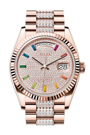 Rolex Day-Date 36 Diamond Paved Dial Fluted Bezel 18K Everose gold Diamond President Watch 128235