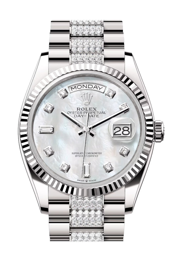 Rolex Day-Date 36 Mother Of Pearl Diamond Dial Fluted Bezel White Gold President Watch 128239
