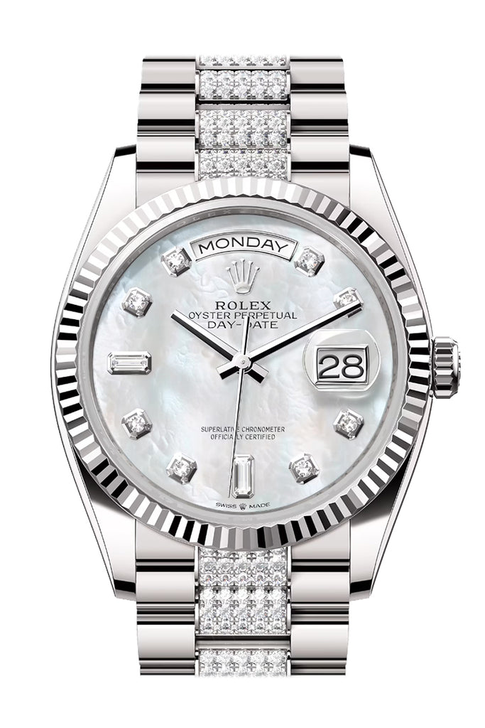 Rolex Day-Date 36 Mother of Pearl Diamond Dial Fluted Bezel White Gold Diamond President Watch 128239