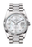 Rolex Day-Date 36 Mother of Pearl Diamond Dial Fluted Bezel White Gold Diamond President Watch 128239