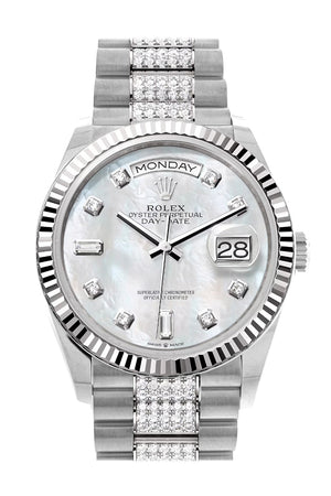 Rolex Day-Date 36 Mother of Pearl Diamond Dial Fluted Bezel White Gold Diamond President Watch 128239