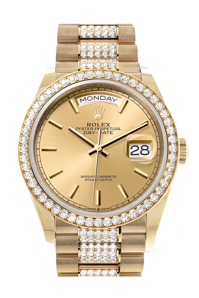 Rolex Day-Date 36 Champagne Dial Gold Diamond Bezel Watch 128348RBR-0027 128348RBR