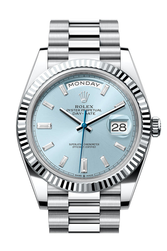Rolex Day Date 40 Ice Blue Diamond Dial Dial Fluted Bezel Platinum Pre WatchGuyNYC