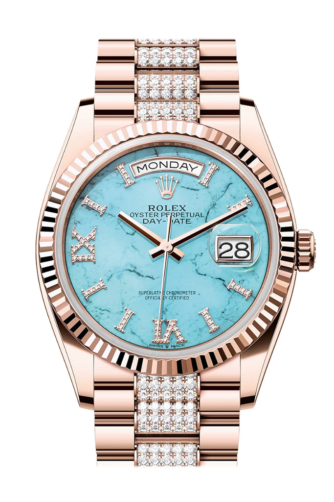 Rolex Day-Date 36 Turquoise Diamond Dial Fluted Bezel 18K Everose gold Diamond President Watch 128235