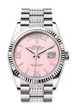 Rolex Day-Date 36 Pink Opal Diamond Dial Fluted Bezel White Gold Diamond President Watch 128239