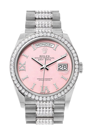 Rolex Day-Date 36 Pink Opal Diamond Dial Diamond Bezel White Gold Diamond President Watch 128349RBR