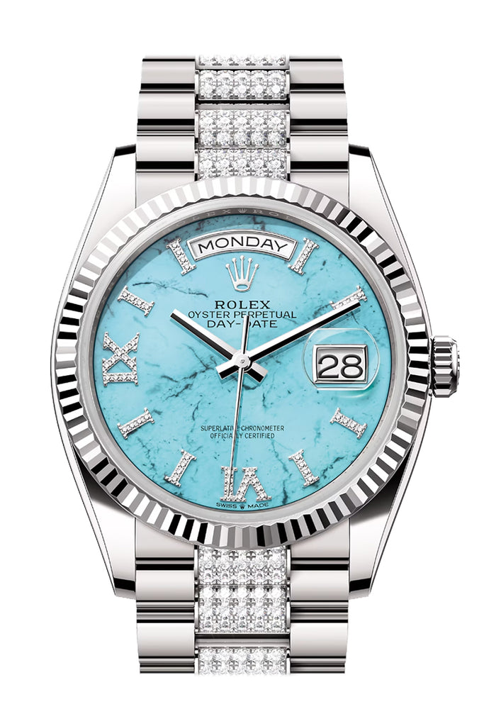 Rolex Day-Date 36 Turquoise Diamond Dial Fluted Bezel White Gold Diamond President Watch 128239
