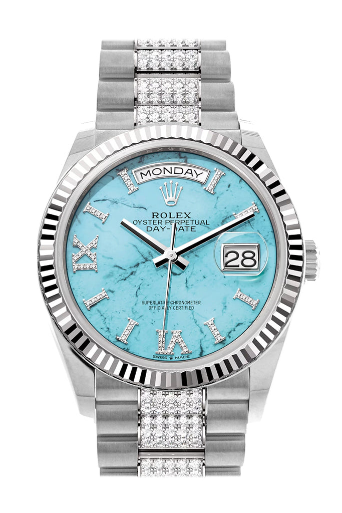 Rolex Day-Date 36 Turquoise Diamond Dial Fluted Bezel White Gold Diamond President Watch 128239