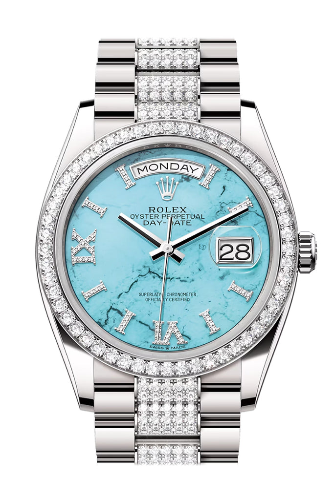 Rolex Day-Date 36 Turquoise Diamond Dial Diamond Bezel White Gold Diamond President Watch 128349RBR