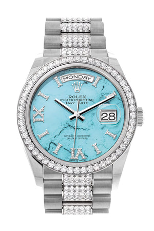 Rolex Day-Date 36 Turquoise Diamond Dial Diamond Bezel White Gold Diamond President Watch 128349RBR
