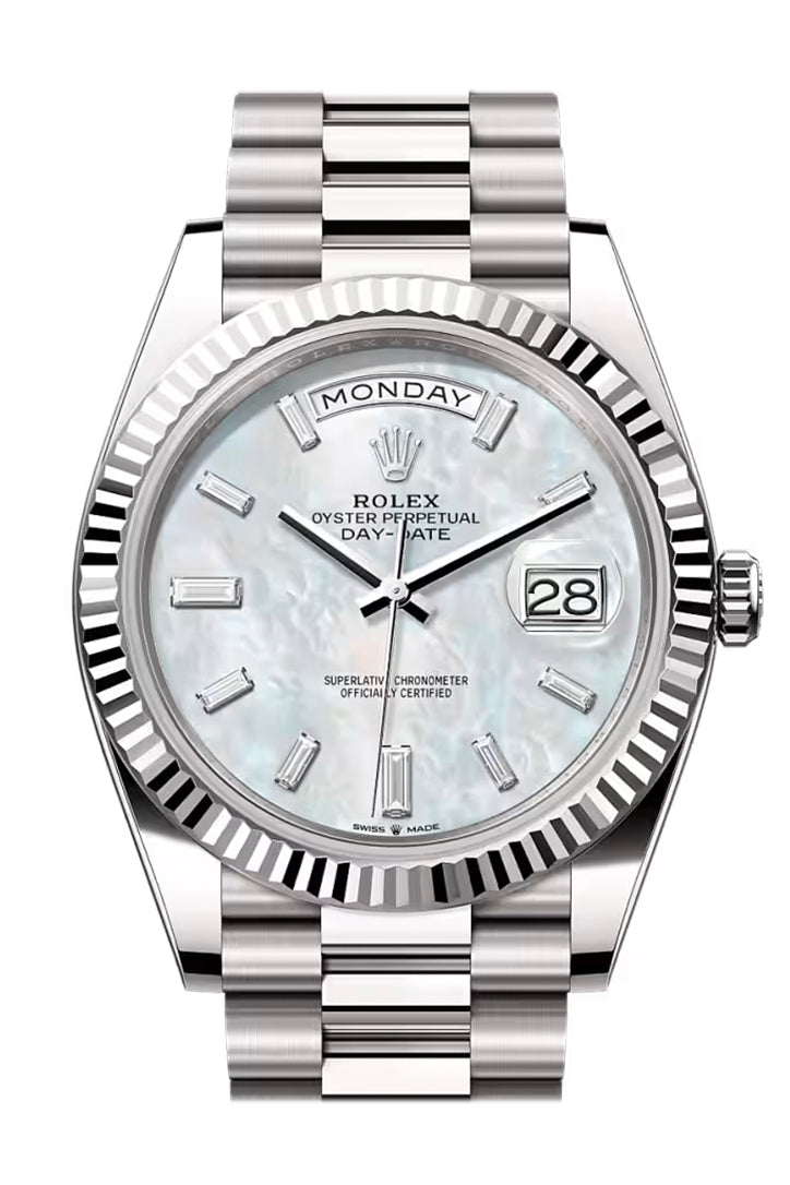 Rolex Day Date 40 Mother-of-pearl Baguette Dial Fluted Bezel White Gold President Bracelet 228398TBR-0043