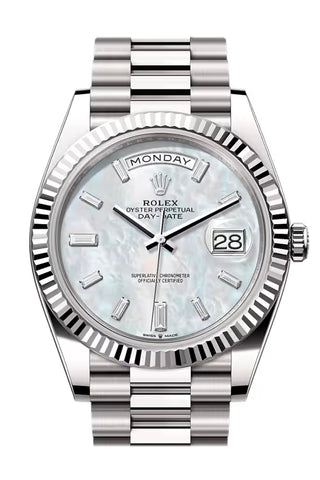 Rolex Day Date 40 Mother-of-pearl Baguette Dial Fluted Bezel White Gold President Bracelet 228398TBR-0043