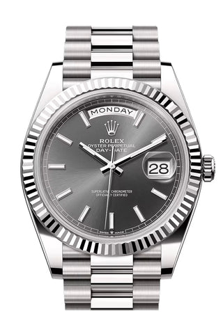 Rolex Day Date 40 Slate Baguette Dial Fluted Bezel White Gold President Bracelet 228239-0060