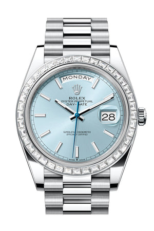 Rolex Day-Date 40 Ice Blue Dial 40 Baguette Diamond Bezel Platinum President Men's Watch 228396TBR 228396TBR-0039 New Release Model 2023