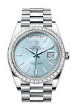 Rolex Day-Date 40 Ice Blue Dial Baguette Diamond Bezel Platinum President Men's Watch 228396TBR