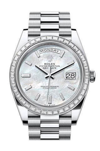 Rolex Day Date 40 White Mop Diamond Dial Bezel Platinum President Bracelet 228396Tbr Watch