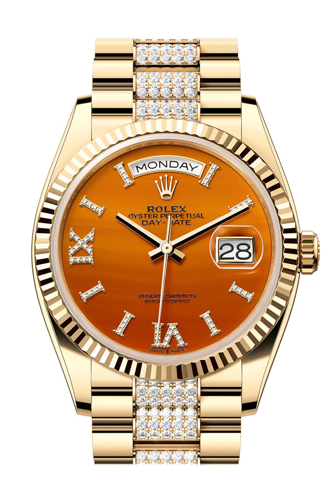 Rolex Day-Date 36 Carnelian Dial Gold Fluted Bezel Diamond Bracelet Yellow Gold Watch 128238