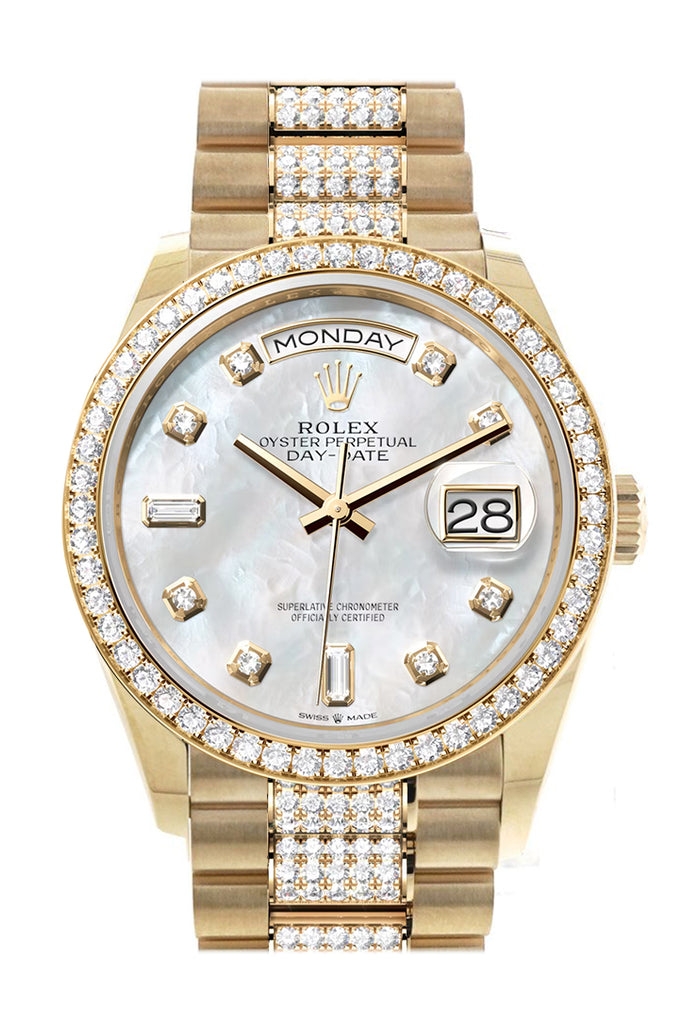 Rolex Day-Date 36 Mother-of-Pearl Diamond Dial Gold Diamond Bezel Watch 128348RBR-0019 128348RBR