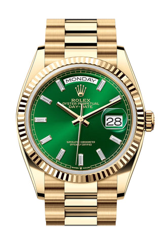 Rolex Day-Date 36 Bright Green Dial Gold Fluted Bezel Yellow Gold Watch 128238 128238-0114