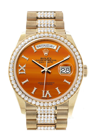 Rolex Day-Date 36 Carnelian Dial Gold Diamond Bezel Watch 128348RBR-0050 128348RBR