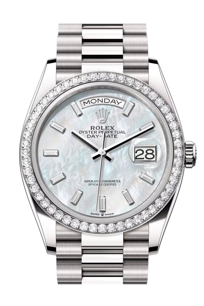 Rolex Day Date 40 White Mop Diamond Dial Bezel Gold President Bracelet 128349Rbr Watch