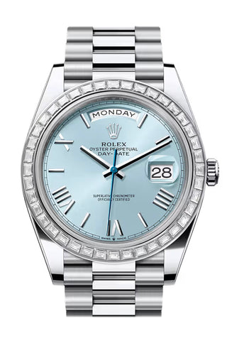 Rolex Day Date 40 Ice Blue Roman Dial Diamond Bezel Platinum President Bracelet 228396TBR-0030 228396TBR