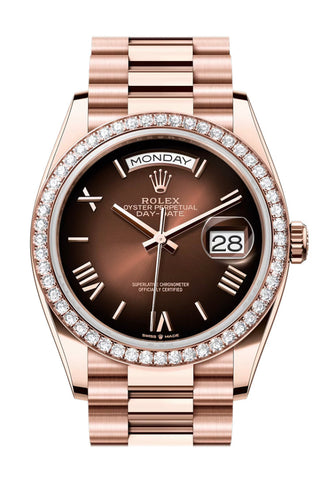Rolex Day Date 40 Brown Ombre Roman Dial Diamond Bezel Rose Gold President Bracelet 128345Rbr Watch