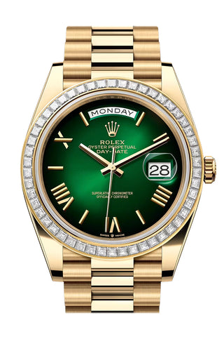 Rolex Day-Date 40 Green Ombre Roman Dial Diamonds Bezel Yellow Gold 228398TBR-0042 228398TBR