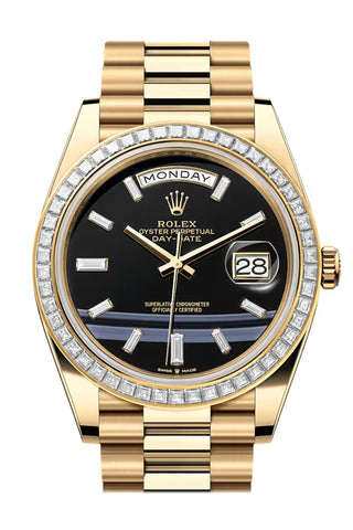 Rolex Day-Date 40 Onyx Black Baguette Diamond Dial Diamonds Bezel Yellow Gold 228398TBR-0038 228398TBR