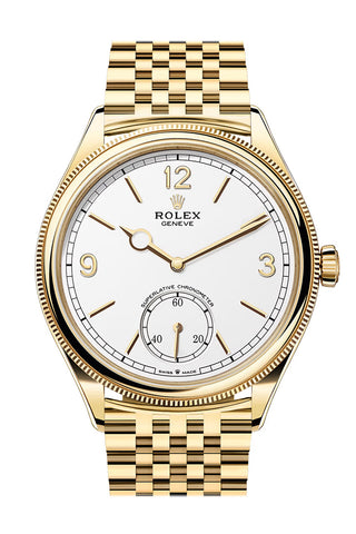 Rolex Oyster Perpetual 39 White Dial Fluted Bezel Yellow Gold Watch 52508