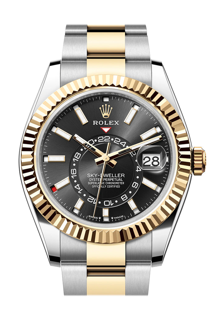 Rolex Sky Dweller 42 Black Dial Yellow Gold Stainless Steel Oyster Mens Watch 336933