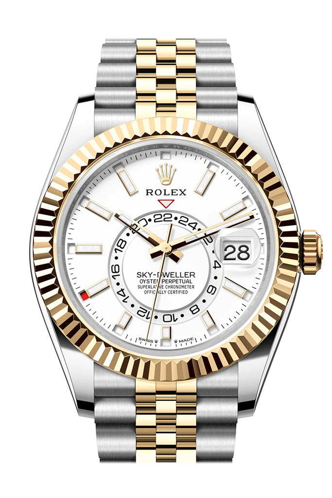 Rolex Sky Dweller 42 White Dial Yellow Gold Stainless Steel Jubilee Mens Watch 336933