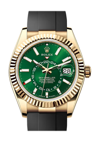 Rolex 336238-0004 Sky-Dweller 42 BRIGHT GREEN Dial FLUTED Bezel YELLOW GOLD RUBBER Bracelet