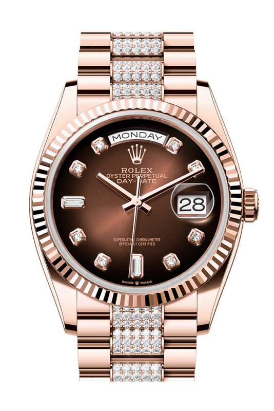 Rolex Day-Date 36 Brown ombré Diamond Dial Fluted Bezel 18K Everose gold Diamond President Watch 128235