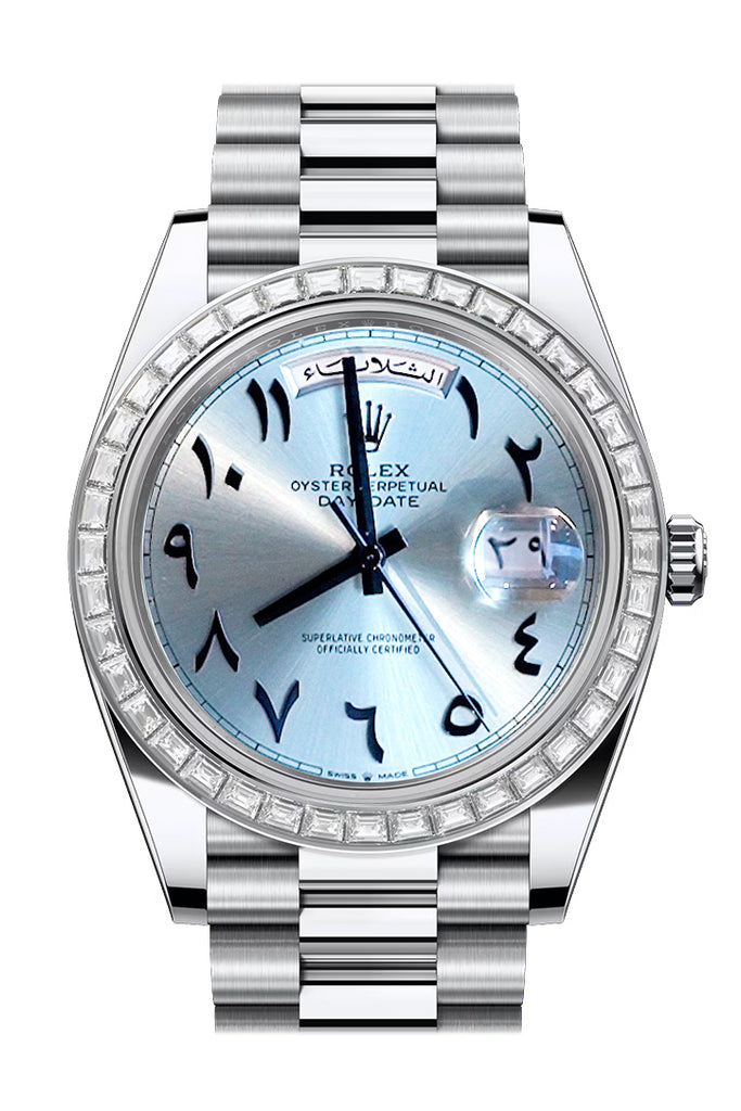 月様 Rolex Day Date 40 Ice Blue Arabic Dial Diamond Bezel Platinum