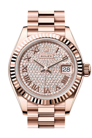 Rolex 279175-0023 Datejust 28 Pave Roman Dial  Fluted Bezel Rose Gold President Bracelet
