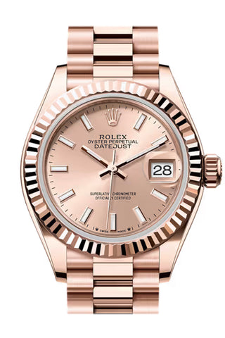 Rolex 279175-0025 Datejust 28 Rose Dial Fluted Bezel Rose Gold President Bracelet