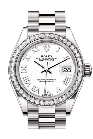 Rolex 279139RBR Datejust 28 White Roman Dial Diamond Bezel White Gold President Bracelet