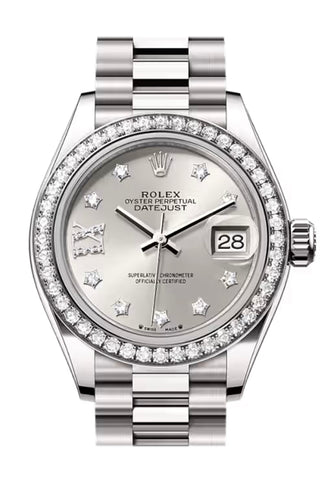 Rolex 279139RBR Datejust 28 Silver Star Pave Roman 9 Dial Diamond Bezel White Gold President Bracelet