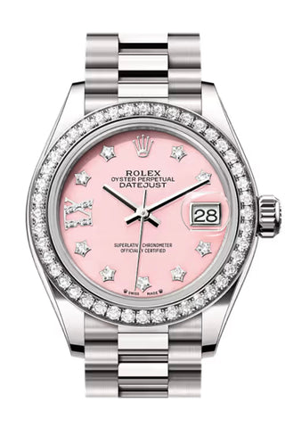 Rolex 279139RBR Datejust 28 Pink Star Pave Roman 9 Dial Diamond Bezel White Gold President Bracelet