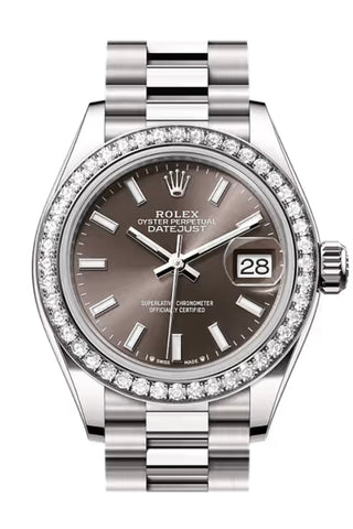 Rolex 279139RBR Datejust 28 Grey Dial Diamond Bezel White Gold President Bracelet