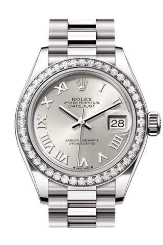 Rolex 279139RBR Datejust 28 Silver Roman Dial Diamond Bezel White Gold President Bracelet