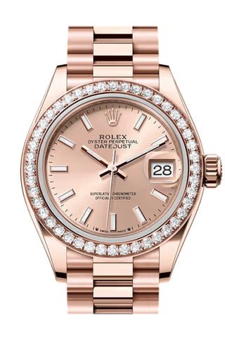 Rolex 279135RBR Datejust 28 Rose Dial Diamond Bezel Rose Gold President Bracelet
