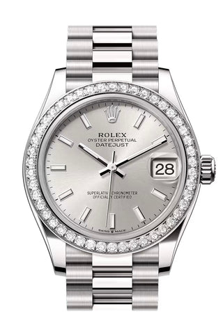 Rolex 278289RBR Datejust 31 Silver Dial Diamond Bezel White Gold President Bracelet