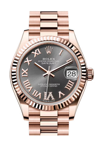 Rolex 278275 Datejust 31 Slate Roman Pave 6 Dial Fluted Bezel Rose Gold President Bracelet