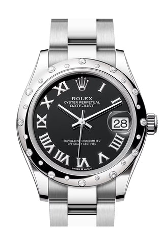 Rolex 278344RBR Datejust 31 Black Roman Dial Dome Diamond Bezel White Gold Oyster Bracelet